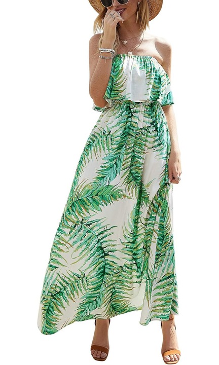 Jormftte maxi ruha, bohém stílusú, kék és fehér, pánt nélküli, levélmintás, szuperpuha pamut