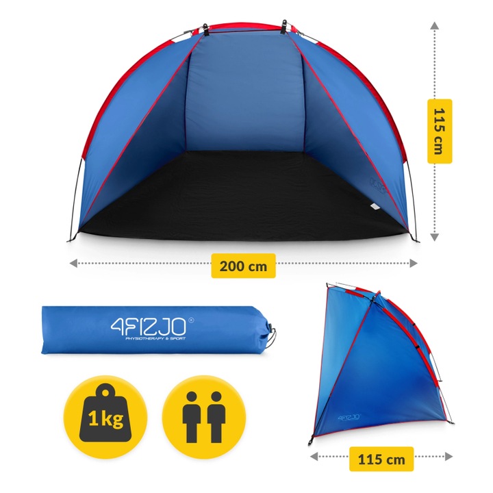 Cort de plaja traditional PRO, 4FIZJO, autoportant, cu protectie solara UV 50+, usor si portabil, material poliester rezistent, pentru 2 persoane, ideal pentru plaja, gradina, balcon sau pescuit, 200×115×115 cm, cu geanta si accesorii, albastru/rosu