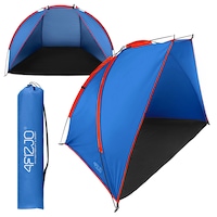 Cort de plaja traditional PRO, 4FIZJO, autoportant, cu protectie solara UV 50+, usor si portabil, material poliester rezistent, pentru 2 persoane, ideal pentru plaja, gradina, balcon sau pescuit, 200×115×115 cm, cu geanta si accesorii, albastru/rosu