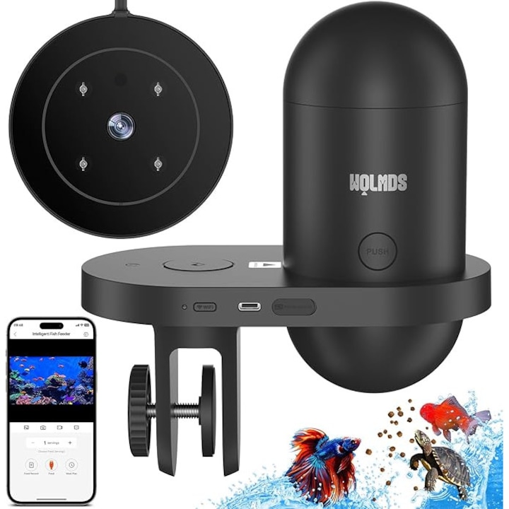 Hranitor pentru pesti, smart, Wifi, de acvariu, cu camera 2.5K, monitorizare 24/7, nightvision, control prin aplicatie, rezistent la umiditate, 230 ml, hranire continua, portii ajustabile