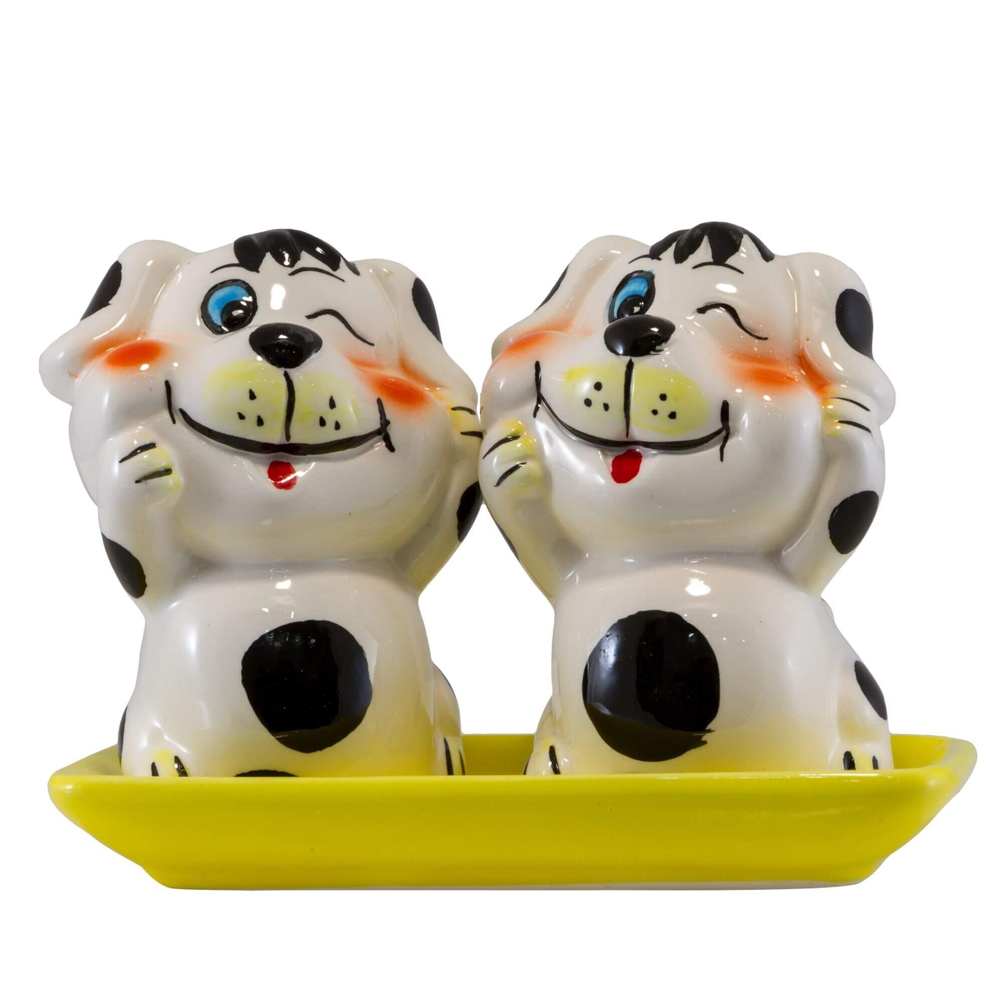 Solnite catelusi Katerina Ceramics, cu tavita, Alb/Negru/Galben, 2 bucati, 40315CA