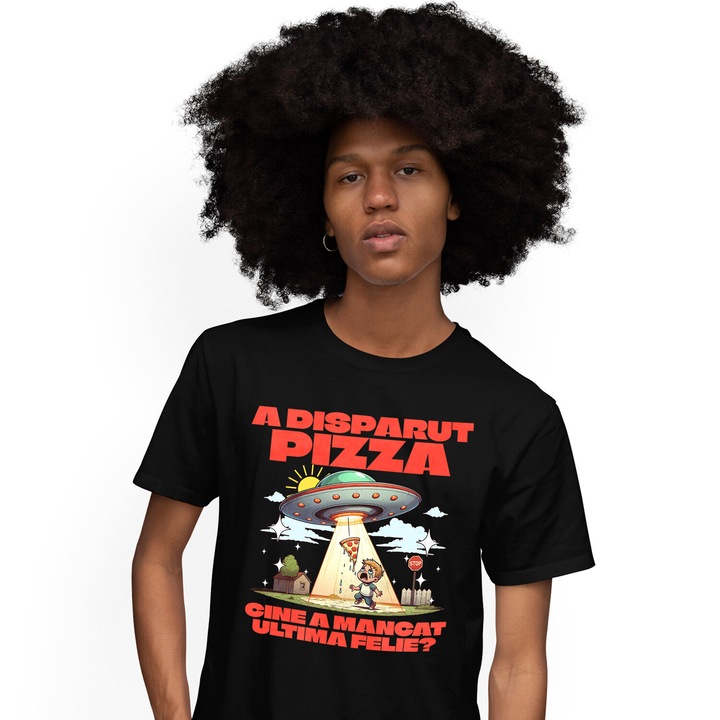 Мъжка тениска с Spaceship Kid Kid с Pizza Slice Abduction Fast Food с щампа отпред, 100% памук, черно, XS