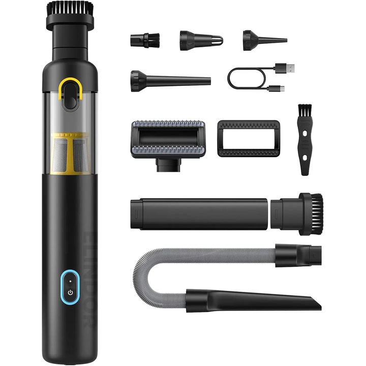 Mini Aspirator Auto Portabil profesional, Elindor®, de Mana, Fara Fir 19000 PA, 15W, 80000RPM, 3 Viteze, 4-in-1 Aspirare, Suflare, Umflare, Vacuum, 10 Accesorii, Filtru HEPA Reutilizabil Aspirator Mic pentru Masina, Casa, Tastatura Birou, Negru