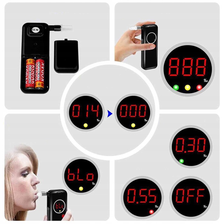 Преносим алкохолен тестер, дрегер, алкохолен тестер, точен алкохолен тест за полицията, полупроводников сензор, професионален тестер с точни промили, акустична аларма, 12 пълнения, акустична аларма, черен, 12x4.5x2см