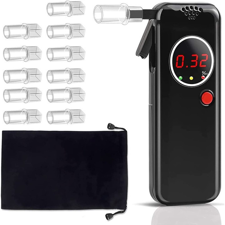 Преносим алкохолен тестер, дрегер, алкохолен тестер, точен алкохолен тест за полицията, полупроводников сензор, професионален тестер с точни промили, акустична аларма, 12 пълнения, акустична аларма, черен, 12x4.5x2см