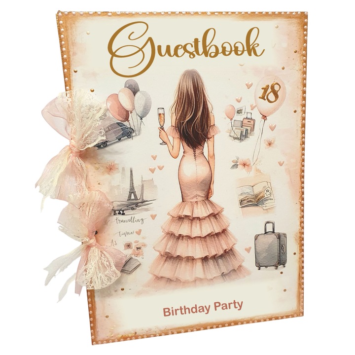 Guestbook Majorat 18 Ani – Coperta din Lemn cu Design Romantic si Accente de Calatorie