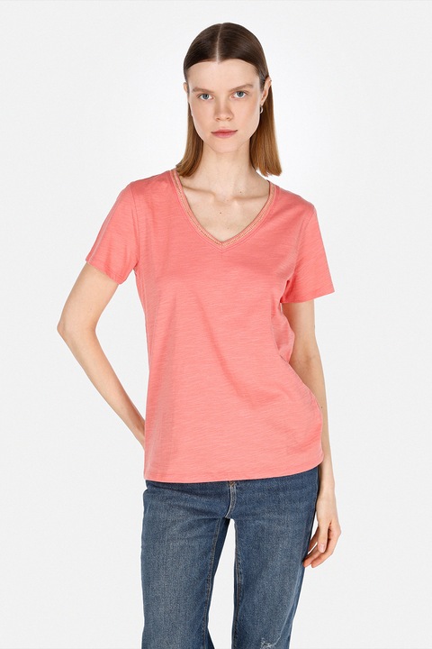 COLIN'S, Tricou din bumbac cu decolteu in V, Roz somon, XS