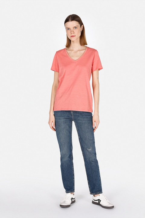 COLIN'S, Tricou din bumbac cu decolteu in V, Roz somon, XS