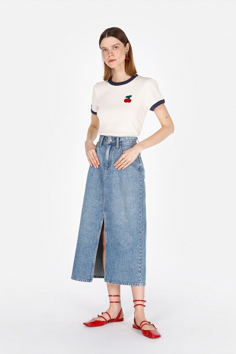 COLIN'S, Fusta din denim cu talie inalta si slit frontal, Albastru