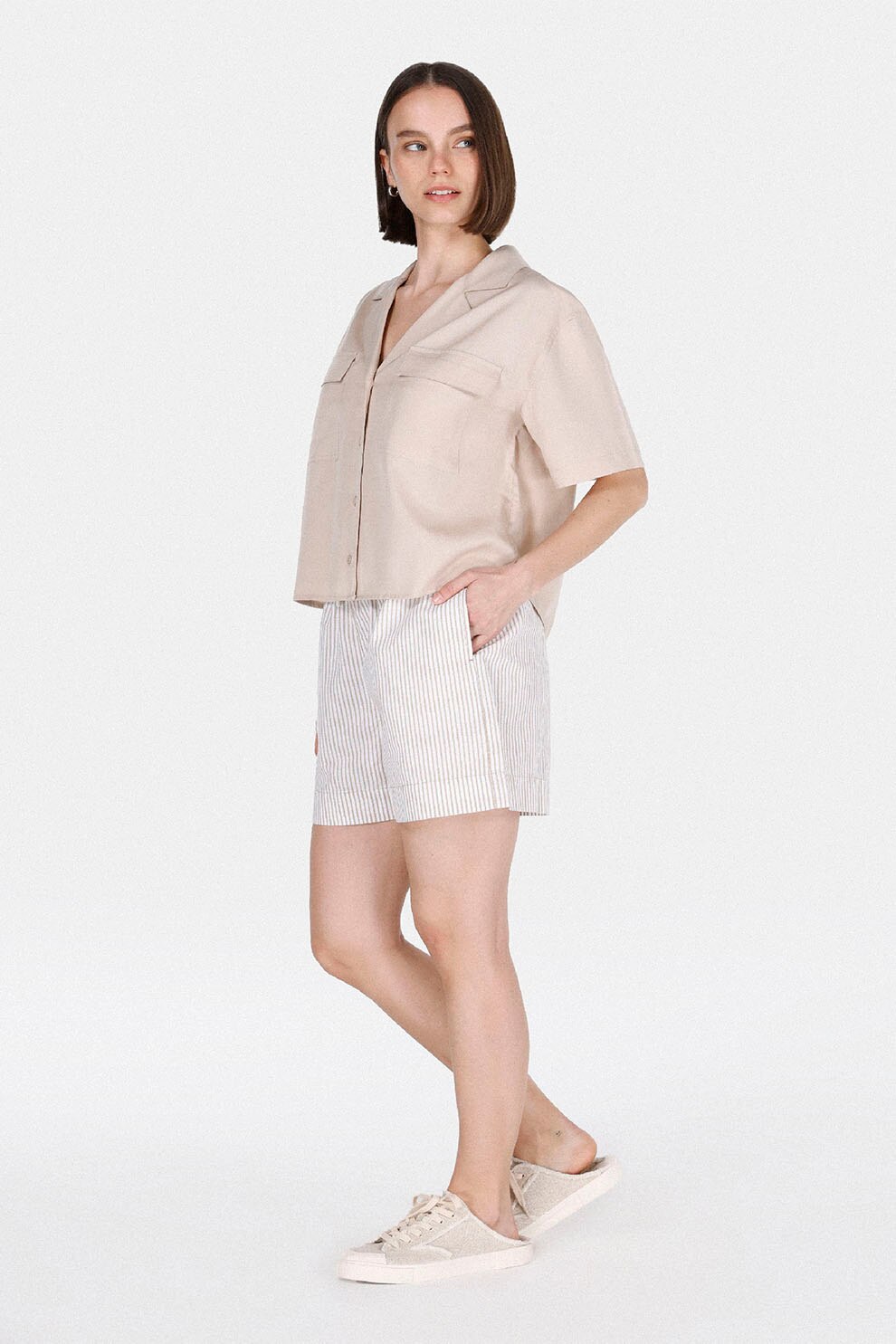 COLIN'S, Pantaloni scurti cu dungi, snur si buzunare laterale, Alb, Bej, XS