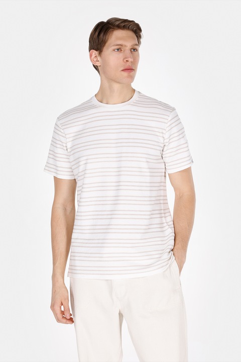 COLIN'S, Tricou cu decolteu la baza gatului si model in dungi, Alb murdar/Bej deschis
