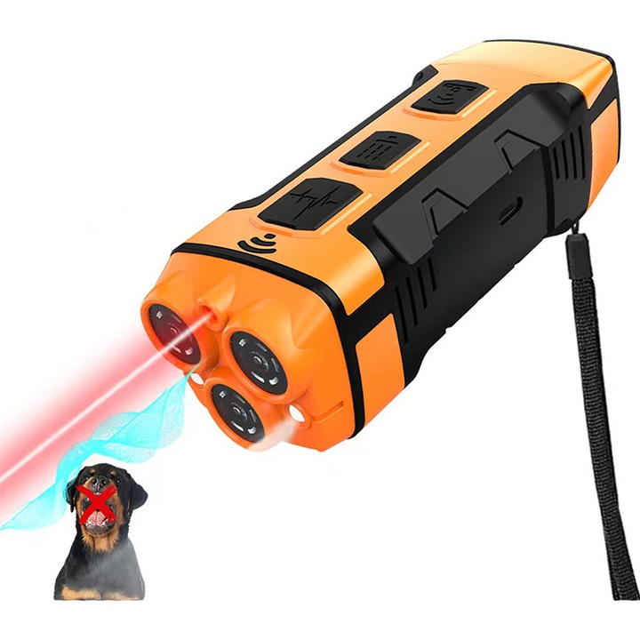 Kutyaugatás-gátló eszköz 3 szonikus adóval, infravörös lézerrel, 25 kHz, 3 sebességes frekvenciaátalakítással, ütésmentes és biztonságos az állatok számára, biztonságos és könnyen használható, narancssárga