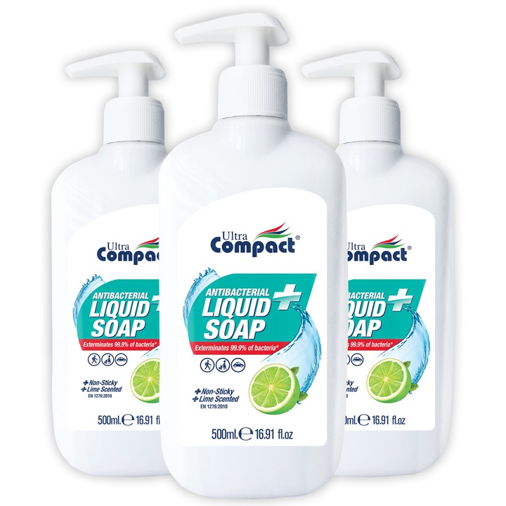 Комплект от 3 х течен сапун, съгласно сертификат EN 1276:2010, Ultra Compact, 3 х 500 ml (1500 ml), Антибактериален