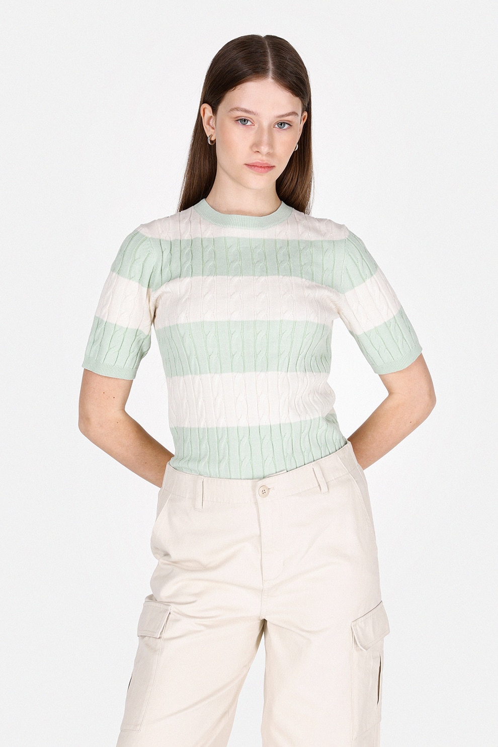 KOTON, Pulover supradimensionat cu model torsade, Alb fildes, XS