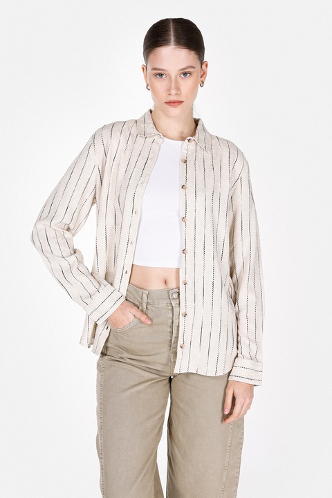 COLIN'S, Camasa din amestec de in cu dungi, Negru stins/Maro nisip