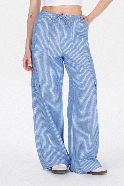 COLIN'S, Pantaloni evazati din amestec de in cu model in dungi, Albastru azur