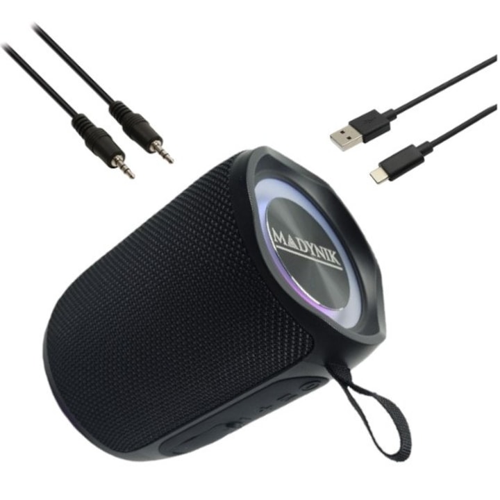 Преносим високоговорител Madynik™, 4000 mAh батерия, Bluetooth 5.3, IP54 водоустойчив, TWS функция, порт за micro SD карта, USB-c, аудио кабел, RGB светлини, черен цвят