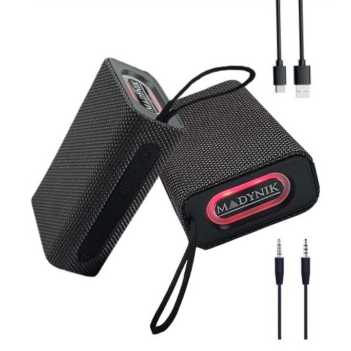 Преносим високоговорител Madynik™, 2000 mAh батерия, Bluetooth 5.3, IP54 водоустойчив, TWS функция, порт за micro SD карта, USB-c, аудио кабел, RGB светлини, сив цвят