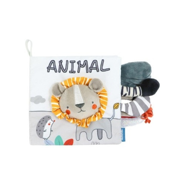 Érzékszervi könyv, babáknak, 15x16x6 cm, állatokkal, 3D, hangokkal és susogással, 0-3 éves korig, oroszlánmodell, szürke