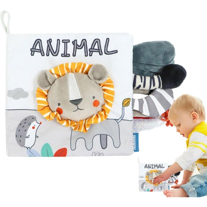 Érzékszervi könyv, babáknak, 15x16x6 cm, állatokkal, 3D, hangokkal és susogással, 0-3 éves korig, elefántmodell, szürke