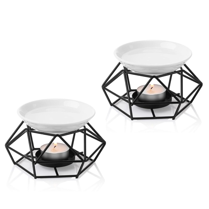 Set 2 Suport de lumanare delicat, Axroad Mall, Difuzor aromaterapie cu vas ceramic si suport metalic negru, Robuste si durabile, Stil cuib de pasare, Pentru sarbatori, decor nunta, mese festive, 12 x 8 cm, 60ml, Alb/Negru