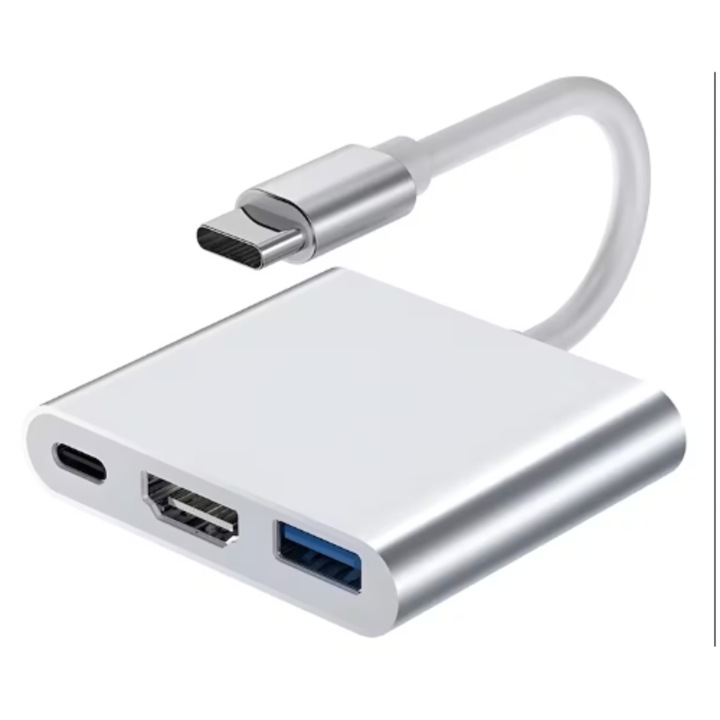 Hub Adaptor Multiport 3 in 1, Plug&Play, USB-C, USB 3.1, HDMI 4K, 10 Gbps, Docking Station pentru Laptop, MacBook Air/Pro, Chromebook, Tableta, Portabil, Cablu 15 cm, din Aluminiu, Gri