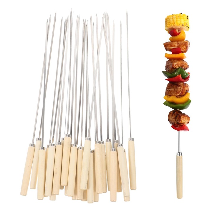 Set 25 Bete Frigarui, SINBINTA, Set 25 Bete Plate Inox Frigarui, Manere din lemn, Anti-scalding, Anti-alunecare, Inoxidabil, Usor de curat, Design ergonomic, Compatibilitate cu majoritatea gratarelor, Inox, 350x4x1.2mm, Argintiu