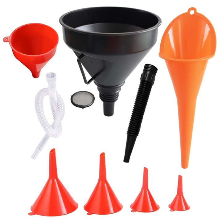 Комплект автомобилни фунии, Axroad Mall, Универсална фуния, С маркуч и филтърна мрежа за предотвратяване на навлизането на замърсявания, 7 различни размера, За моторно масло, бензин, охлаждаща течност, Диаметър на отвора 13 -120 мм, Пластмаса, Многоцветна