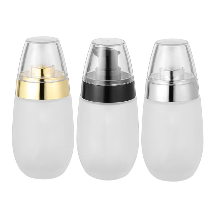 Set de 3 Recipiente Sticla Cosmetice, SINBINTA, Fara scurgeri, Cu capul de pulverizare si capac inchidere, Usor de transportat, Pentru lichide mai groase, seruri, lotiune de corp, Negru/Argintiu/Auriu, 46x88mm