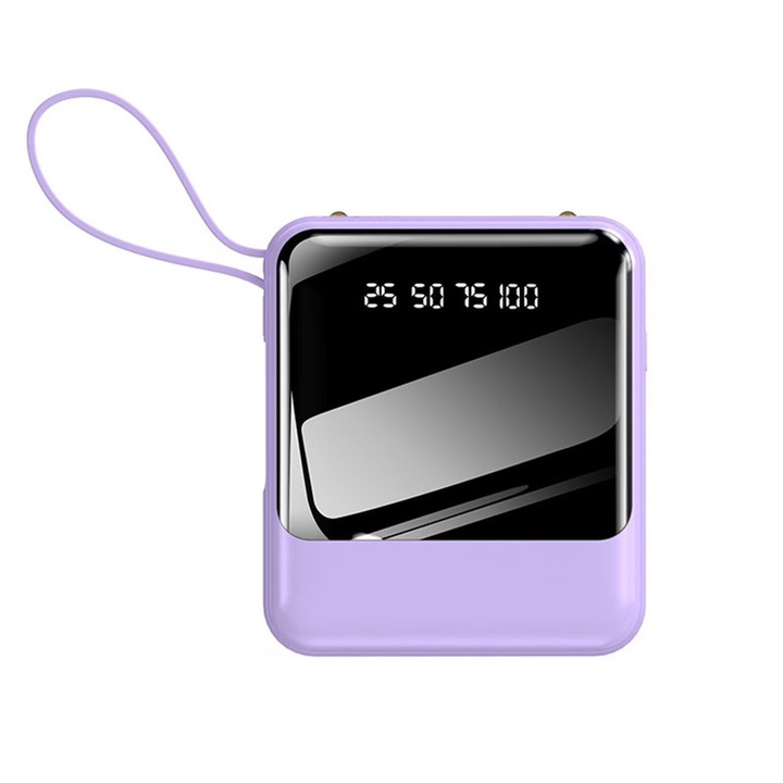 Baterie externa portabila Infinitara, 20000 mAh, afisaj LED digital, violet, 89x26x79mm, set cu cablu de date patru in unu