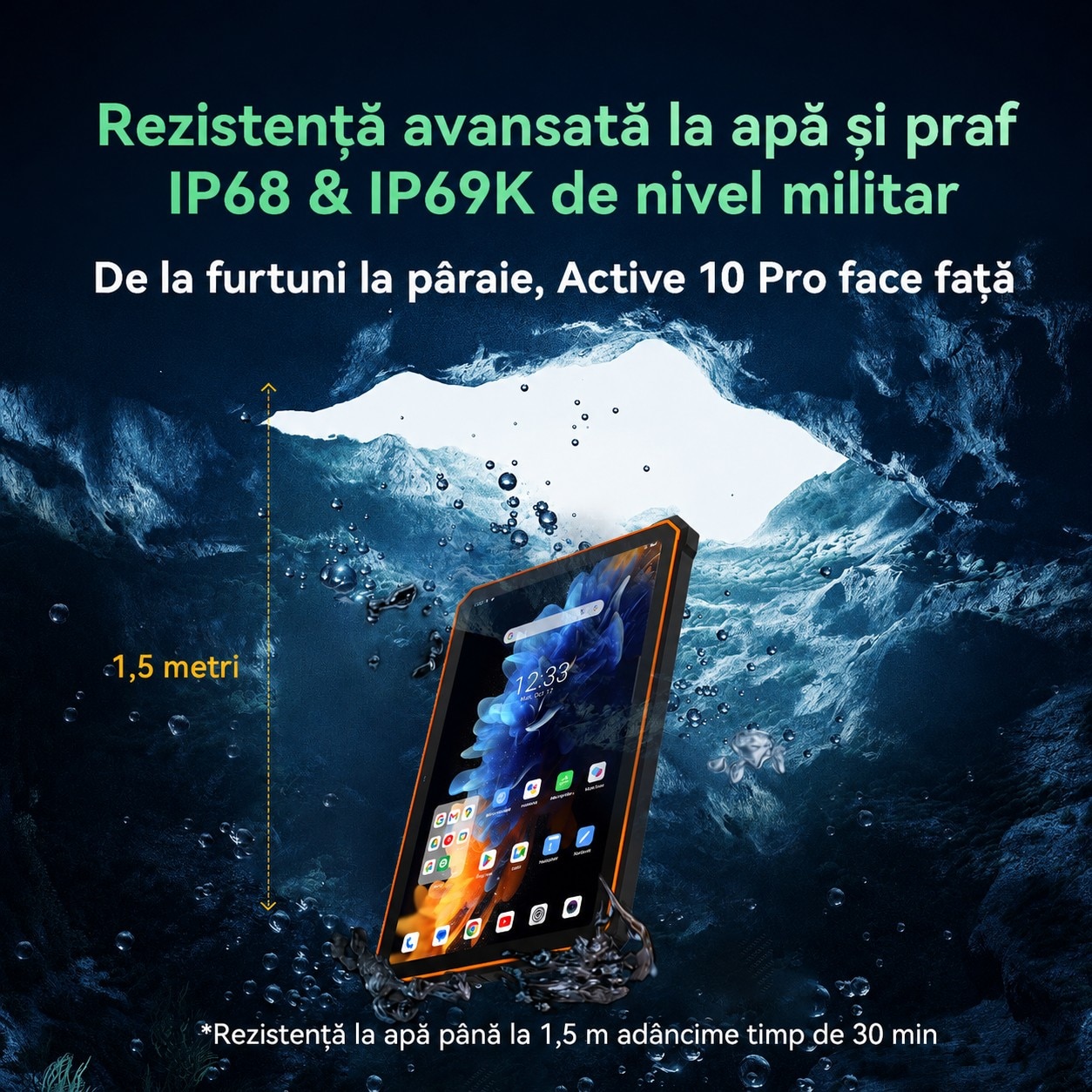 Pachet promo: Tableta Blackview Rugged Active 10 Pro, 10.95 inch, Android 14, WiFi6, 2.4GHz, 5GHz, FHD+IPS, 90HZ, 36GB Ram(12GB + 24GB extensibili), 1920x1200, 512GB ROM, 30000mAh, NFC/RGB/DRM L1, Negru + Tastatura Bluetooth, Blackview, ABS, Wireless, telefon, tableta, PC, Portabila, Windows, Mac, Android, iOS, Baterie Reincarcabila, Negru