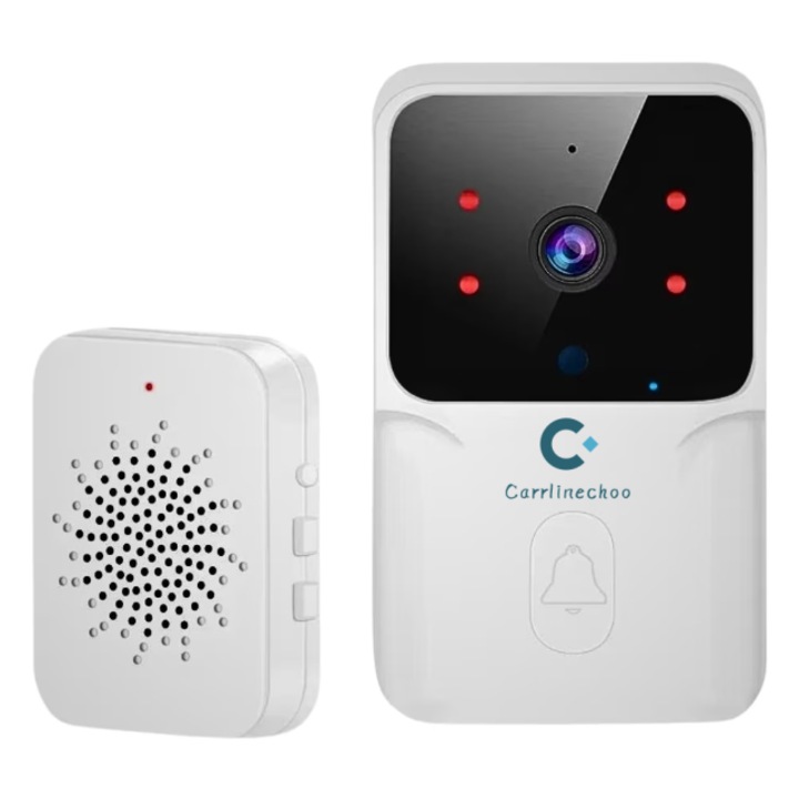 Vezeték nélküli videós kapucsengő, carrlinechoo® vezeték nélküli, 720P videokamerával, kétirányú audiomikrofonnal, hanghívással és videó kaputelefonnal, 30 méteres távolsággal, WiFi 2.4Mghz, 3M vizuális riasztás, fehér