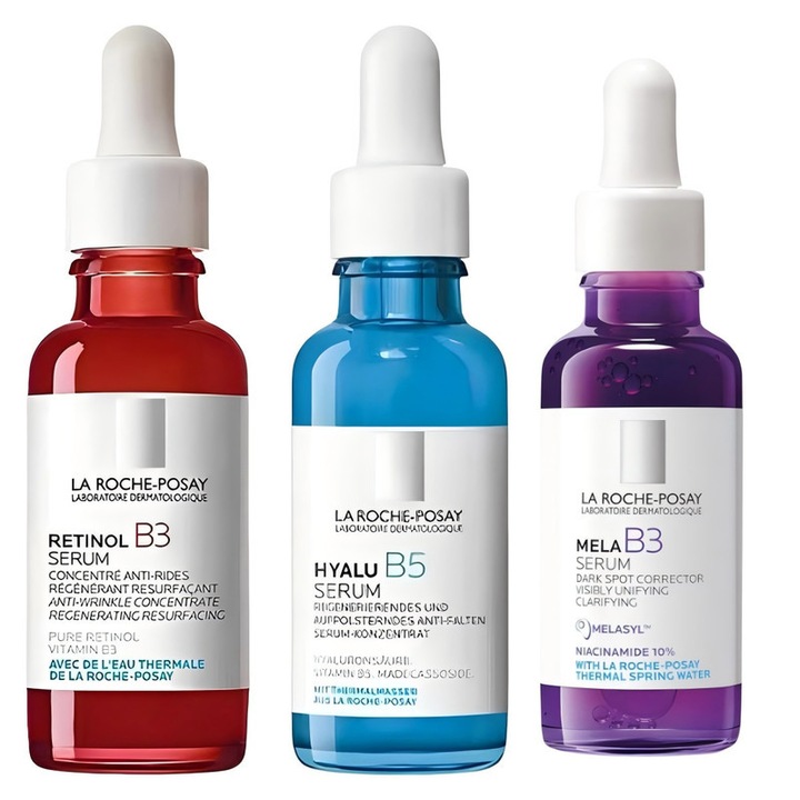 Ser facial La Roche-Posay cu vitamina B3, Hyalu B5 si Melasil B3 pentru imbunatatirea pielii si reducerea petelor acneice, 30 ml x 3