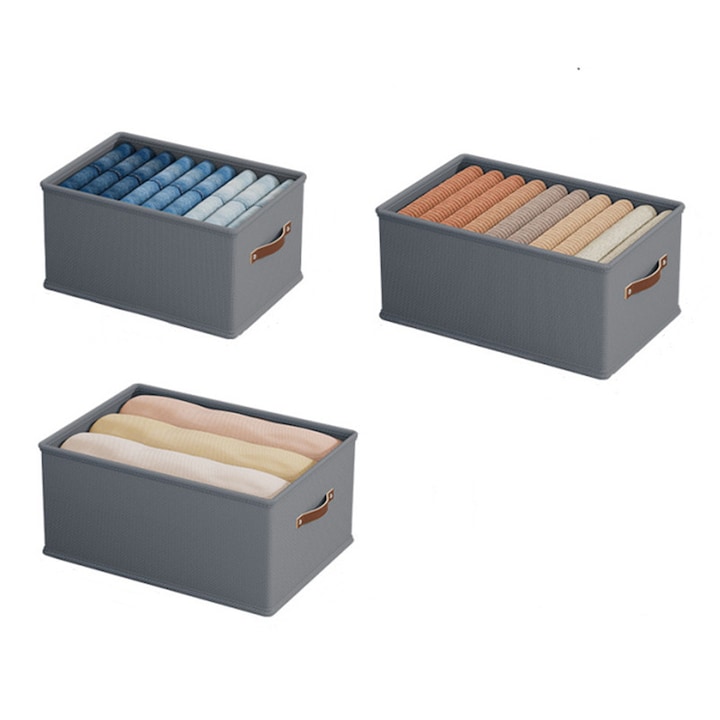 Set 3 Cutii pentru Organizare Haine, Pliabile si Impermeabile, 3 Dimensiuni, Tesatura Rezistenta, pentru Dulap/Camera Copii/Birou, Gri
