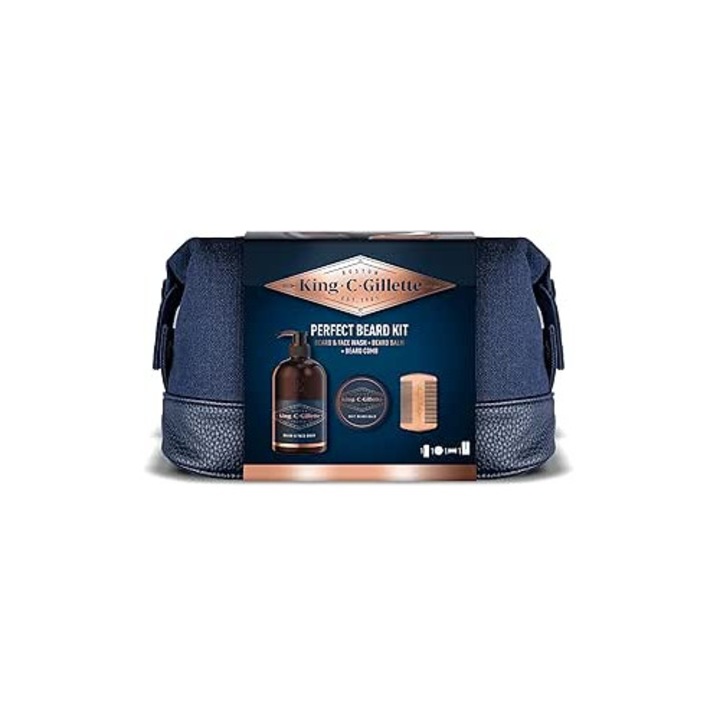 Set king C. Gillette pentru barba si fata, gel de curatare 350ml, balsam pentru barba 100ml, pieptene premium, geanta de toaleta