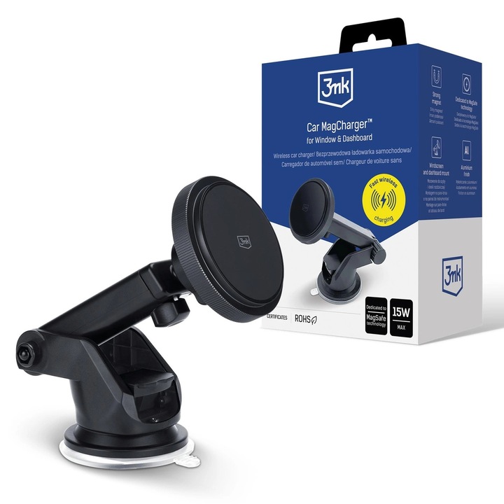 Стойка за кола 3MK MagCharger, стойка за табло / предно стъкло, съвместима с MagSafe, безжично зареждане, черна