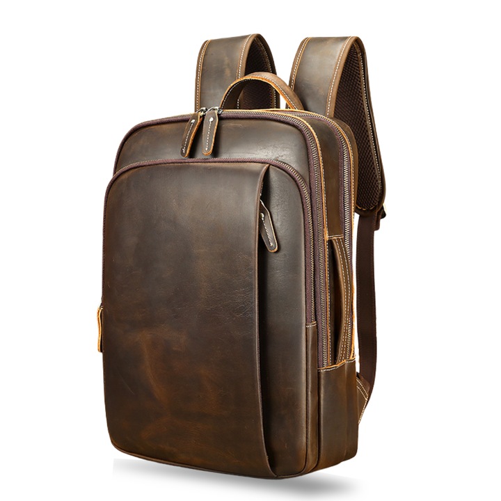 Rucsac laptop 15,6' din piele naturala CrazyHorse, multifunctionala, BUSY LDY & GTM® Noble, suport troler, spate antiperspirant, capacitate mare documente, coffee