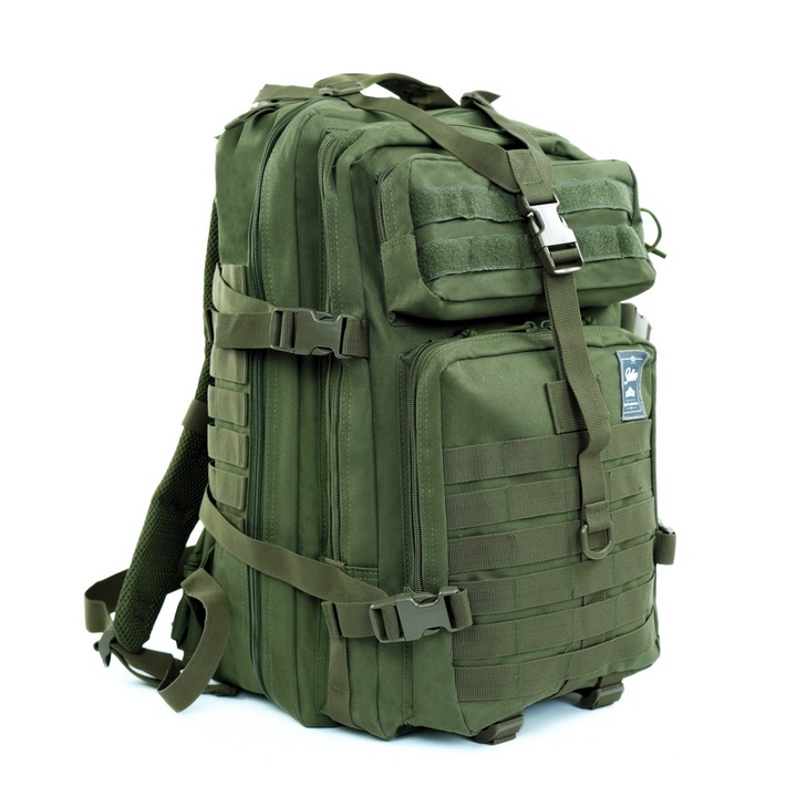 Тактическа туристическа раница 50L Solier SV22 Ranger, зелена, водоустойчива, MOLLE, против кражба, с колан за кръста, множество джобове, ергономични презрамки