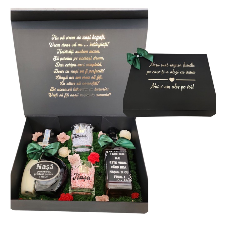 Set cadou pentru nasi, in cutie neagra premium 25*35 cm, cu licheni, flori uscate, doua sticle personalizate, 2 pahare personalizate
