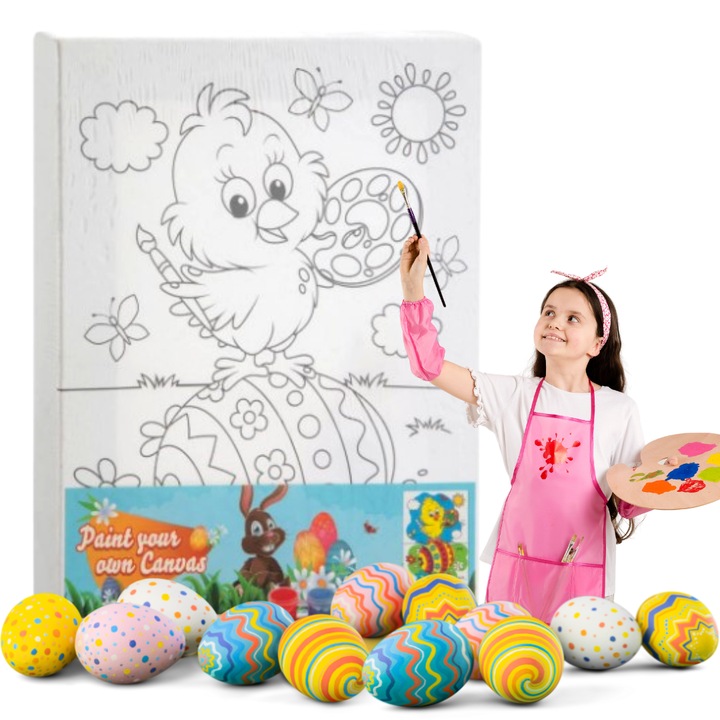 Великденска книга за оцветяване, Artmaker, комплект за рисуване, платно с щампа на пилета, комплект аксесоари, 3 акрилни бои, четка, великденски подарък, 15x20 см
