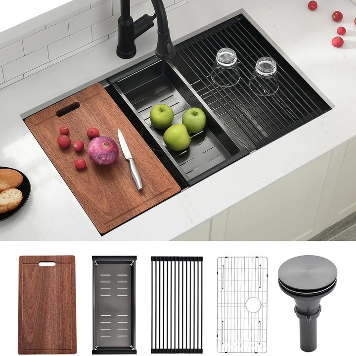 Chiuveta Inox Bucatarie, Milmatt, Premium Workstation cu Accesorii, Tocator Lemn Sapele, Gratar Inox, Cos scurgere, Grilaj Protectie Chiuveta, Silentioasa, Montaj Sub Blat, Negru Metalizat, dimensiune 70x46x23 cm