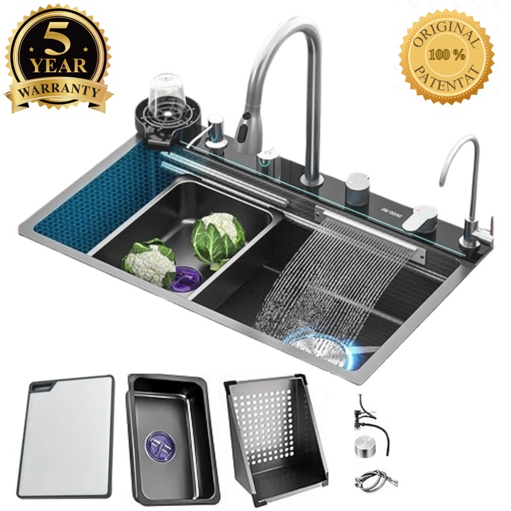 Set chiuveta bucatarie, Milmatt, multifunctionala, cu afisaj led, baterie cu dus extractibil, 2 cascade, dispozitiv spalare pahare, dozator sapun, robinet apa purificata, otel inoxidabil 3 mm, culoare negru, 750x460 mm