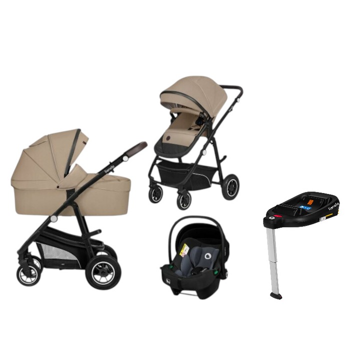 Carucior 4 in 1, Lionelo, Bianka, Transformabil, Cu landou si salteluta moale, Cu scoica auto, Baza isofix pentru scoica, Cu multiple accesorii, Sustine 22 kg, 0 luni+, EN1466:2014+AC:2015, EN1888, Bej