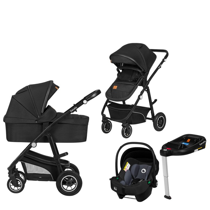 Carucior 4 in 1, Lionelo, Bianka, Transformabil, Cu landou si salteluta moale, Cu scoica auto, Baza isofix pentru scoica, Cu multiple accesorii, Sustine 22 kg, 0 luni+, EN1466:2014+AC:2015, EN1888, Negru