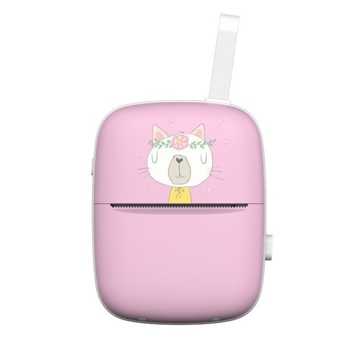 Mini Imprimanta Foto Portabila, Incarcare USB, Bluetooth, Model Pisica, Print Alb-Negru, Roz