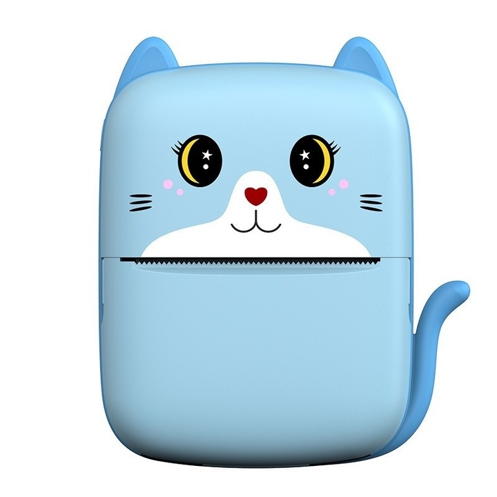 Mini Imprimanta Foto Portabila, Incarcare USB, Bluetooth, Model Pisicuta, Print Alb-Negru, Albastru