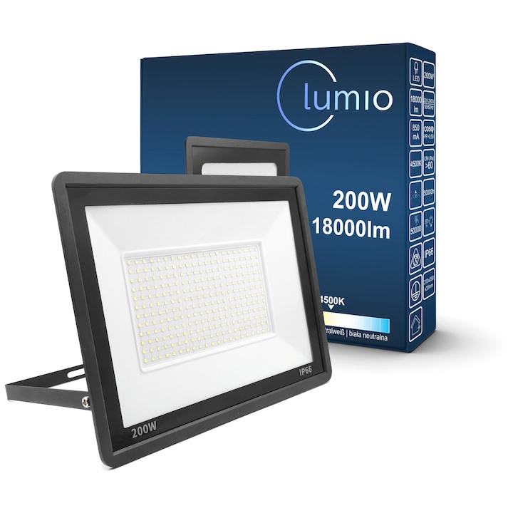 Прожектор 200W LUMIO LED, 18000 lm, IP66, неутрално бяло 4500K, удароустойчив халогенен LED, алуминий и закалено стъкло