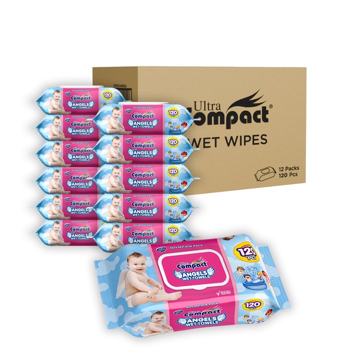 Комплект Мокри кърпички Angels Baby, 12 опаковки x 120, 1440 бр., големи 16x19 см, ултракомпактни