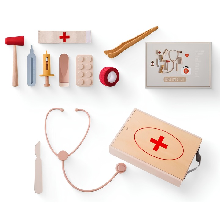 Trusa medicala de jucarie, Arelair Magic Box, Set Doctor, jucarie Montessori cu 11 Instrumente, din lemn si silicon, stetoscop, seringa, termometru, cutie depozitare inclusa, Joc de rol educational, cadou fete si baieti +2 Ani