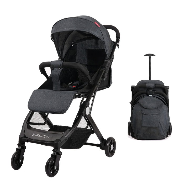 Sport babakocsi, Optim Solution, Kompakt összecsukható, Alsó tároló, Troller rendszerrel, Biztonsági öv, Dupla kerekek tömör szilikongumiból, Állítható háttámla, Napellenző ablakkal, Fekete